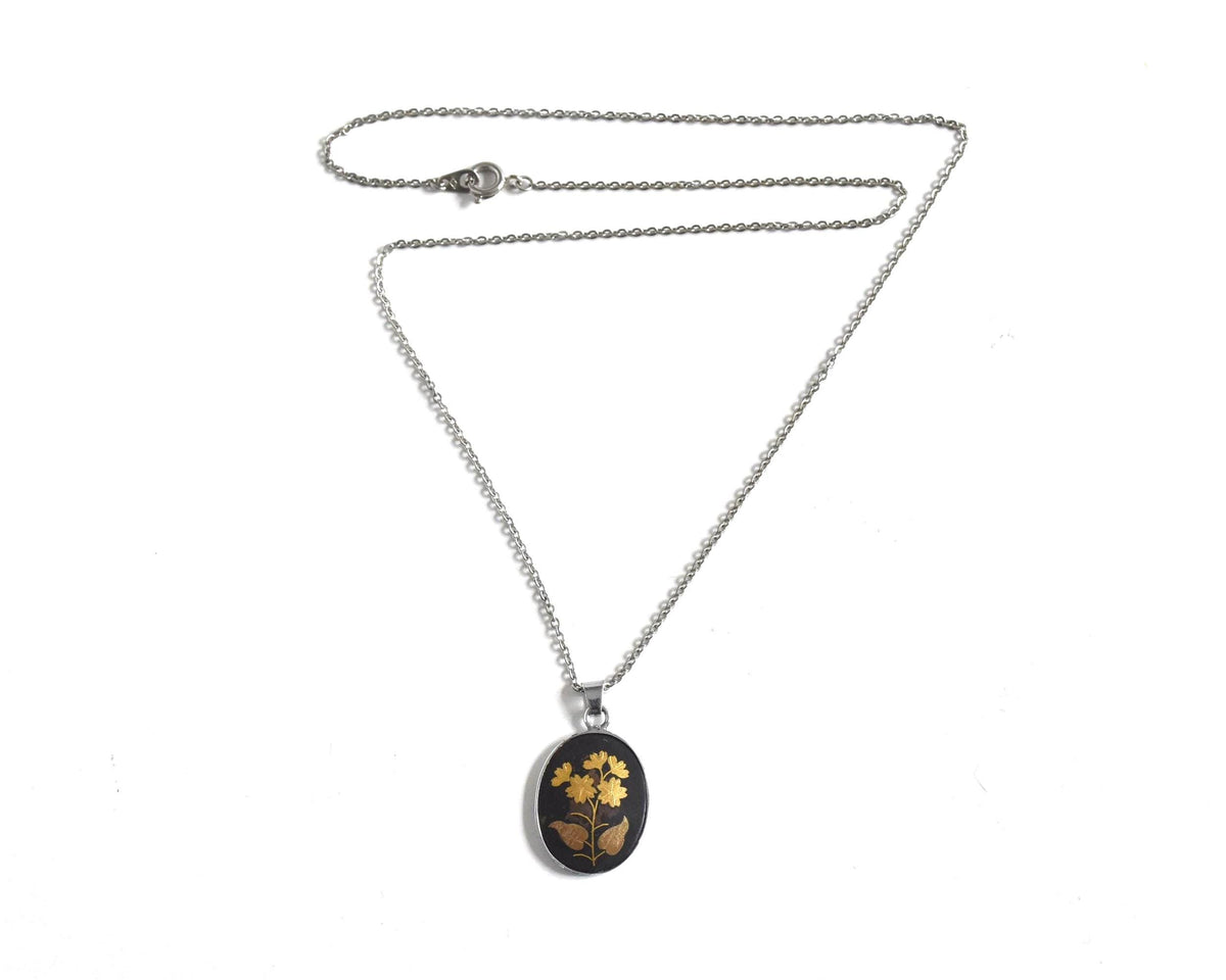 Japanese Zogan Floral Pendant Gold Inlay Damascene full chain layout