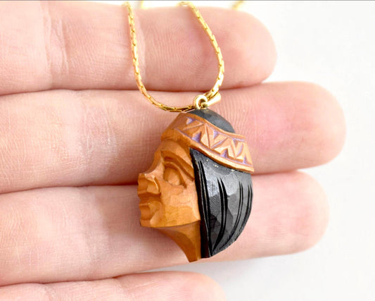 Ainu Double-Sided Face Pendant Handcarved Wood vintage Japanese folk craft necklace