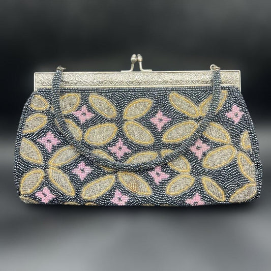 Japanese Beaded Clutch With Geometric Floral Pattern handbag featuring intricate glass beadwork