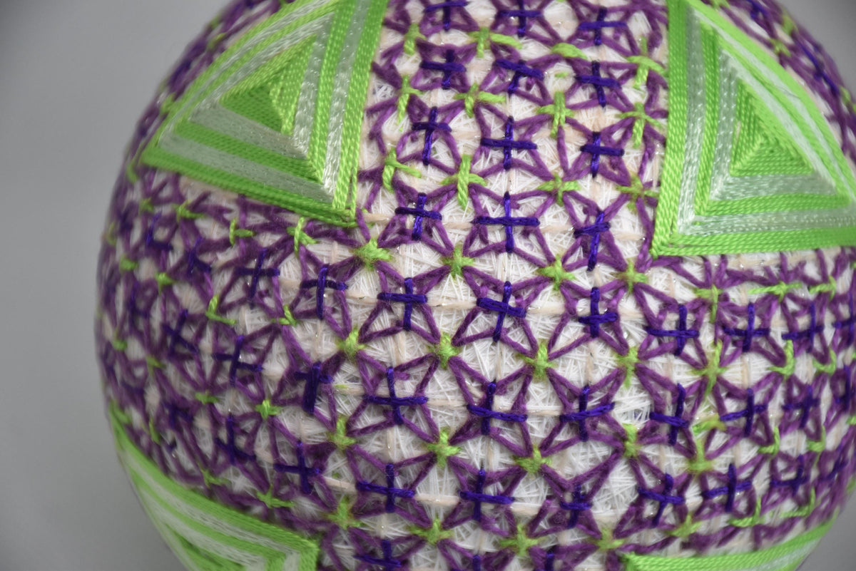 Hand-Embroidered Japanese Temari Ball Folk Art pattern detail showing geometric threaded design.