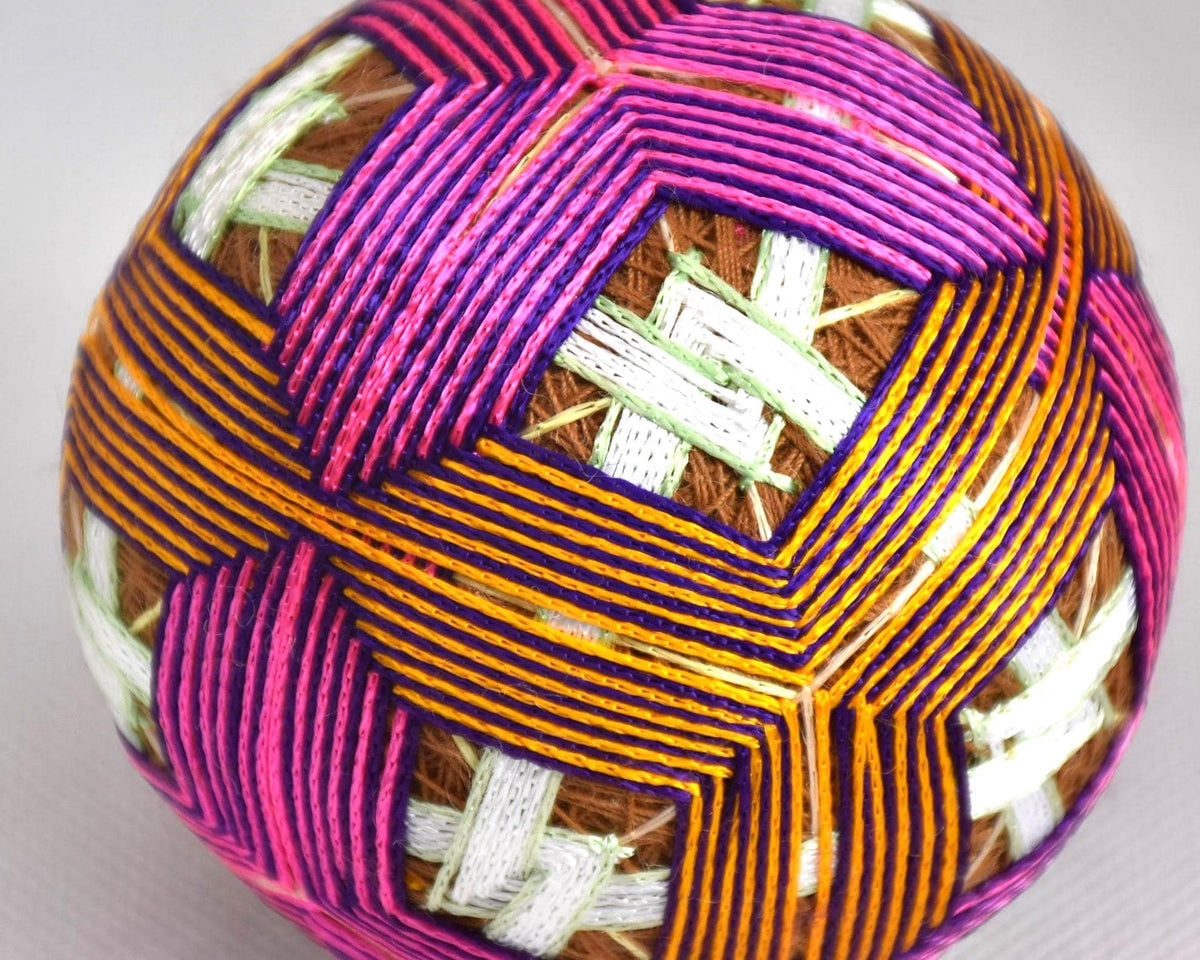 Hand-Embroidered Japanese Temari Ball Folk Art pattern detail of embroidered threads