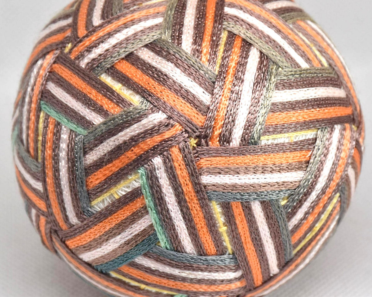 Hand-Embroidered Japanese Temari Ball folk art table scatter closeup showing the detailed hand embroidery pattern