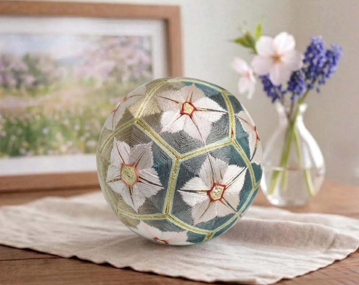 Hand-Embroidered Japanese Temari Folk Art Ball table scatters styled with vase and framed art