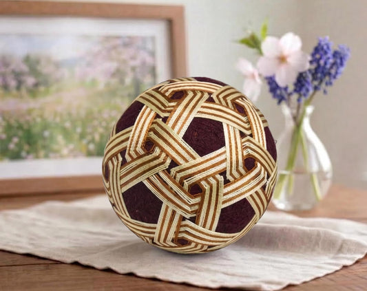 Hand-Embroidered Japanese Temari Ball Folk Art styled as table scatter on cloth with flowers and framed art