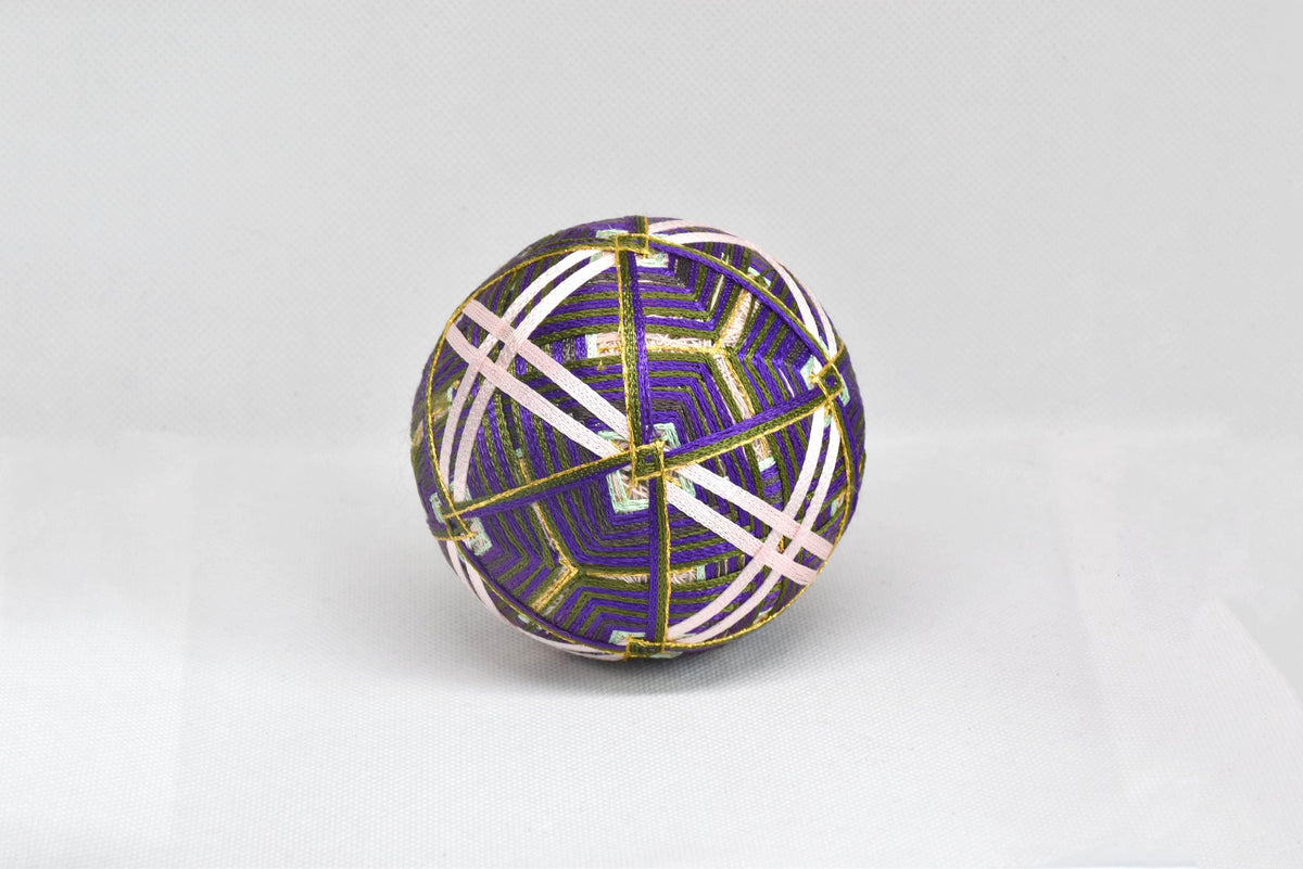 Hand-Embroidered Japanese Temari Ball Folk Art viewed from the back showing continuous colorful thread patterns