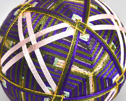 Hand-Embroidered Japanese Temari Ball Folk Art featuring a close-up pattern detail of the colorful embroidery