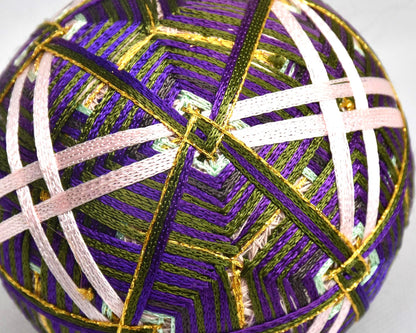 Hand-Embroidered Japanese Temari Ball Folk Art displaying a close-up view of the fine stitched surface details