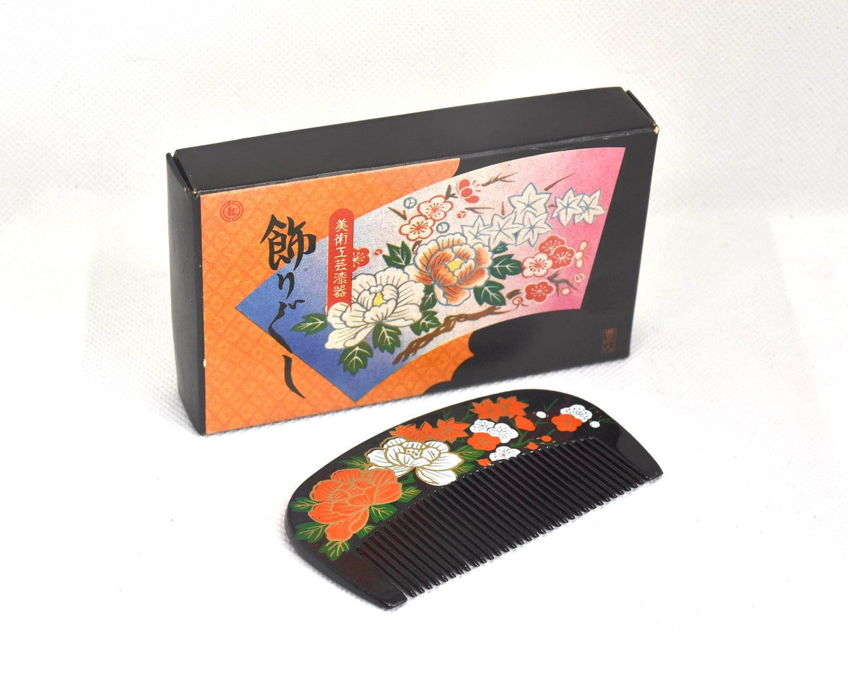 Japanese Black Lacquer Kushi Comb With Floral Pattern from Toyama with decorative presentation box