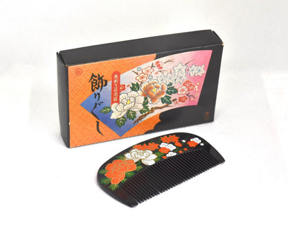 Japanese Black Lacquer Kushi Comb With Floral Pattern from Toyama with decorative presentation box