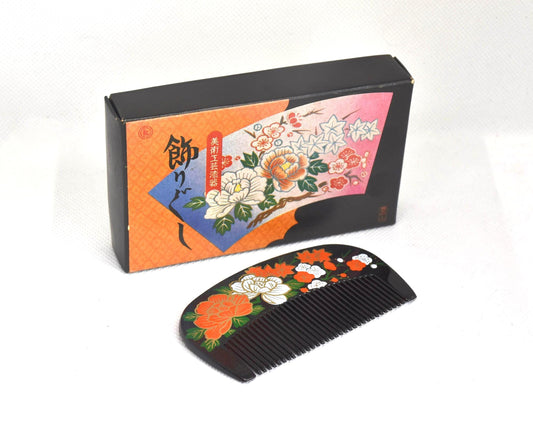 Japanese Black Lacquer Kushi Comb With Floral Pattern from Toyama with decorative presentation box