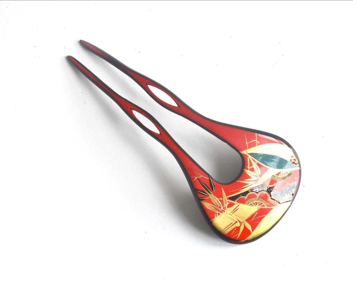 Red Lacquer Fan Kanzashi With Gold Floral Motif, vintage Japanese hair accessories