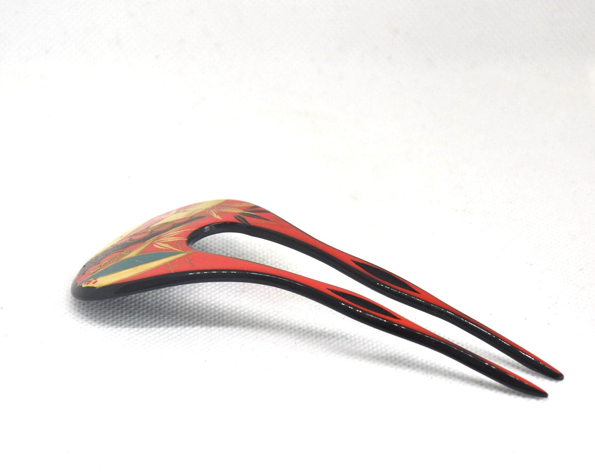 Red Lacquer Fan Kanzashi hair accessories, alternative side angle showcasing the hairpin profile