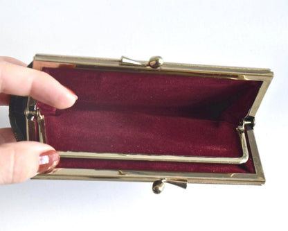 Green Oshima Tsumugi Silk Gamaguchi Coin Purse open view revealing the double compartment.