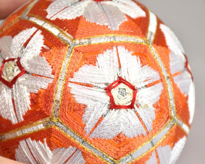 Hand-Embroidered Japanese Temari Ball Folk Art macro view of traditional needlework lines