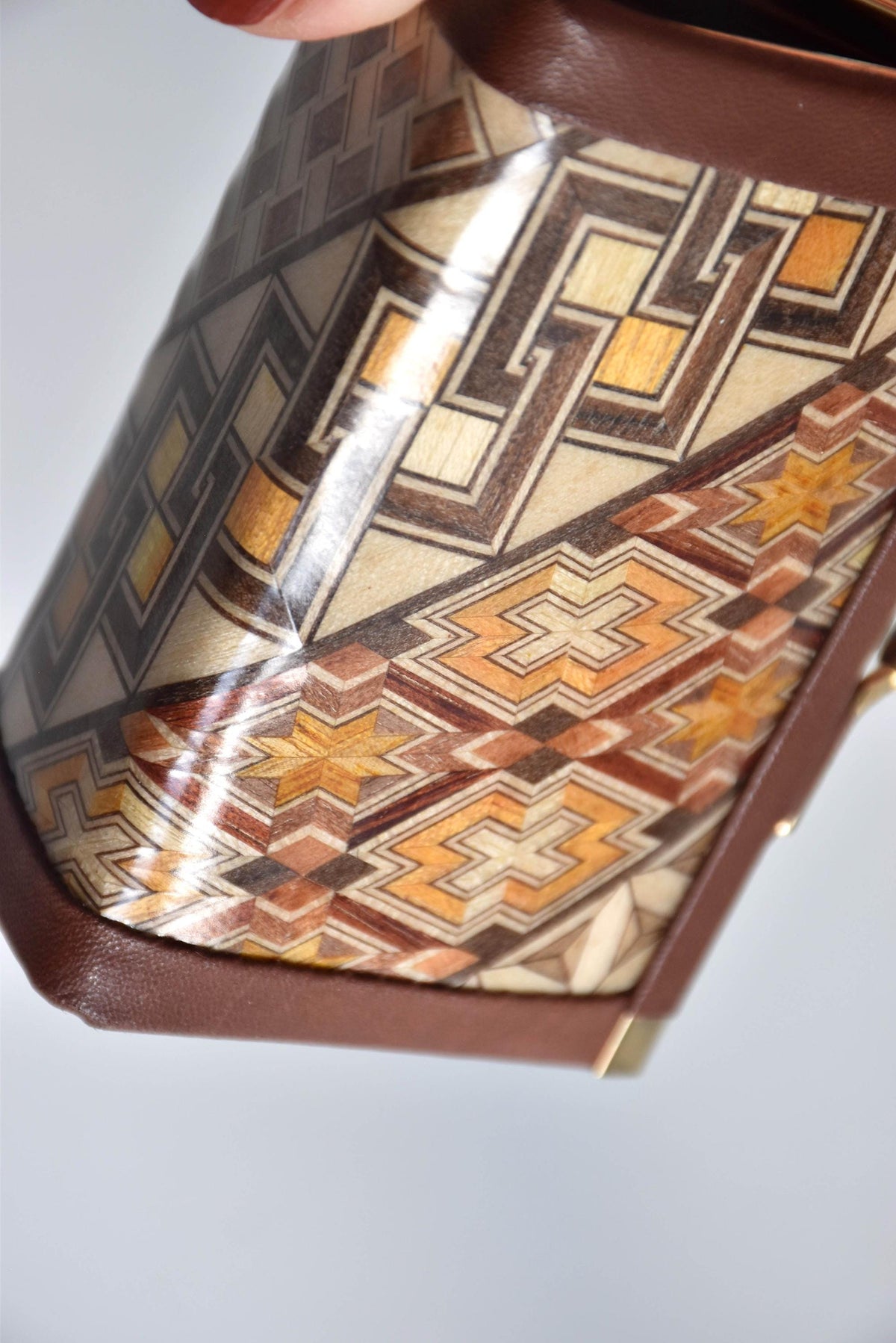 Yosegi Zaiku geometric marquetry coin purse Hakone Japanese craft pattern detail