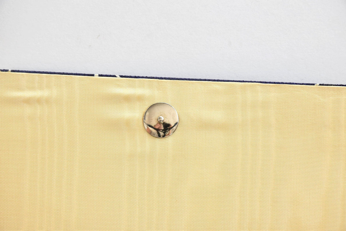 Navy Chirimen Kimono Clutch With Tsuru Crane Motif interior flap detail with metal snap