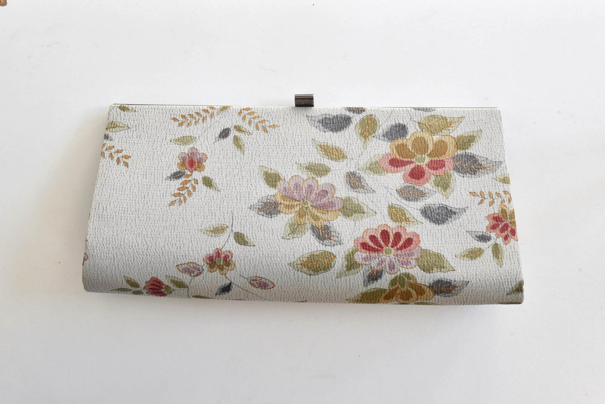 Chirimen Crepe Kimono Clutch Floral Pattern full front view on a white background