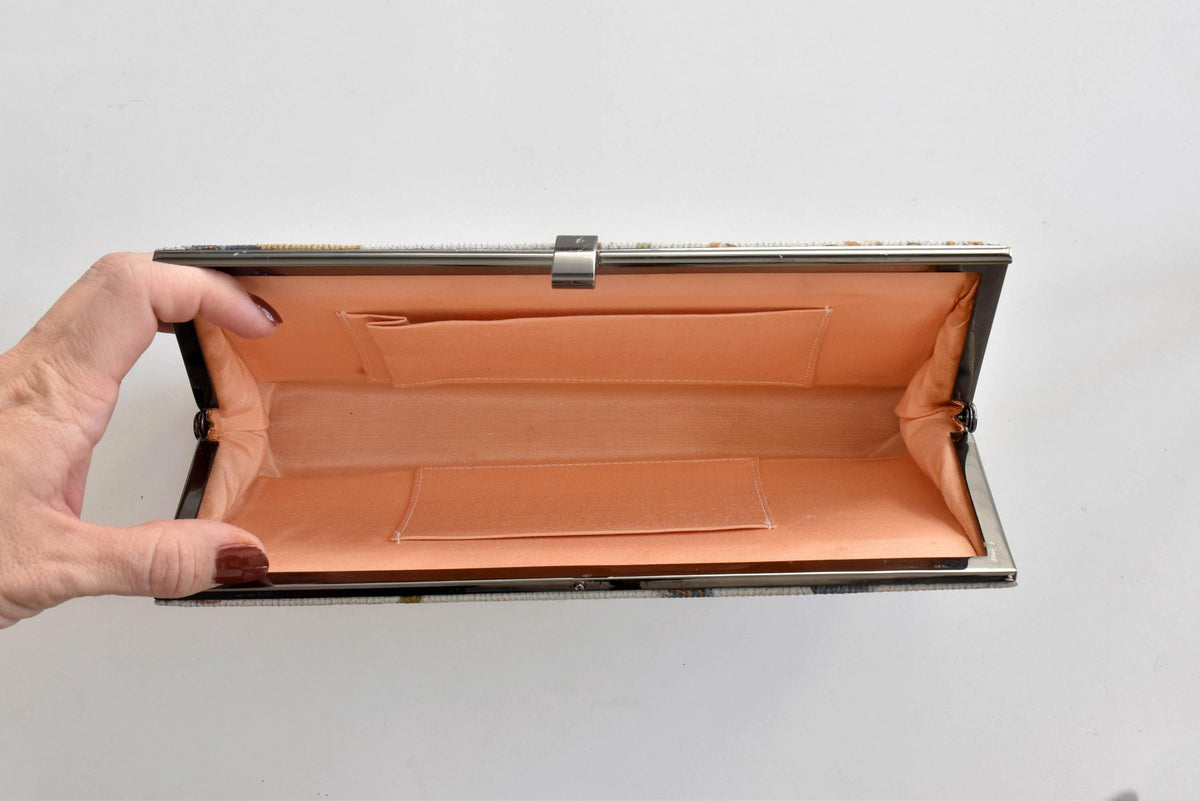 Chirimen Crepe Kimono Clutch Floral Pattern open interior with peach fabric and slip pockets