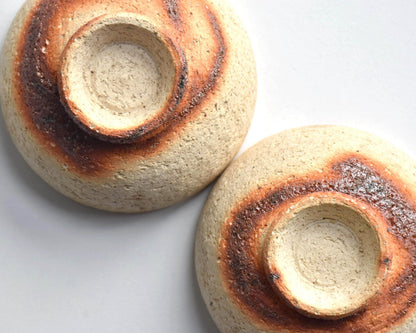 Ochre And Reddish-Brown Ceramic Sake Cup Pair closeup of base