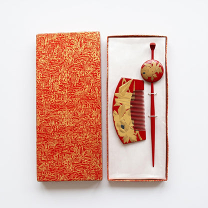 Red Lacquer Kanzashi Set: Origami Crane And Peony inside its patterned presentation box