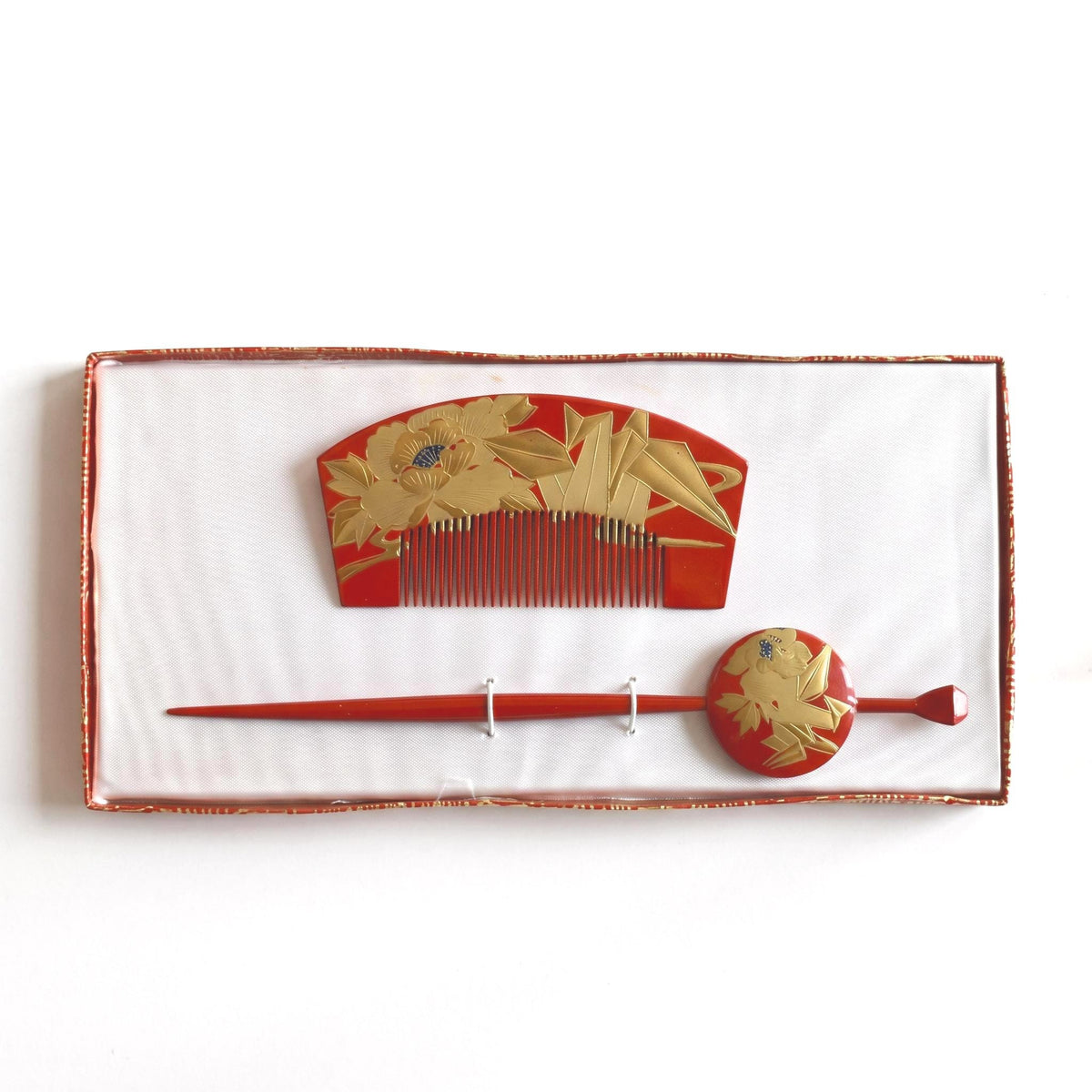 Red Lacquer Kanzashi Set: Origami Crane And Peony displayed in box