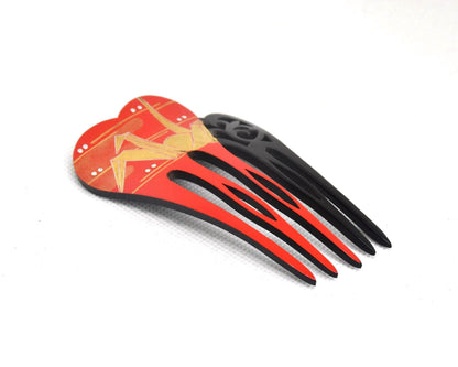 Kanzashi Hair Comb Origami Crane Red And Black Lacquer close-up view of the red lacquered half