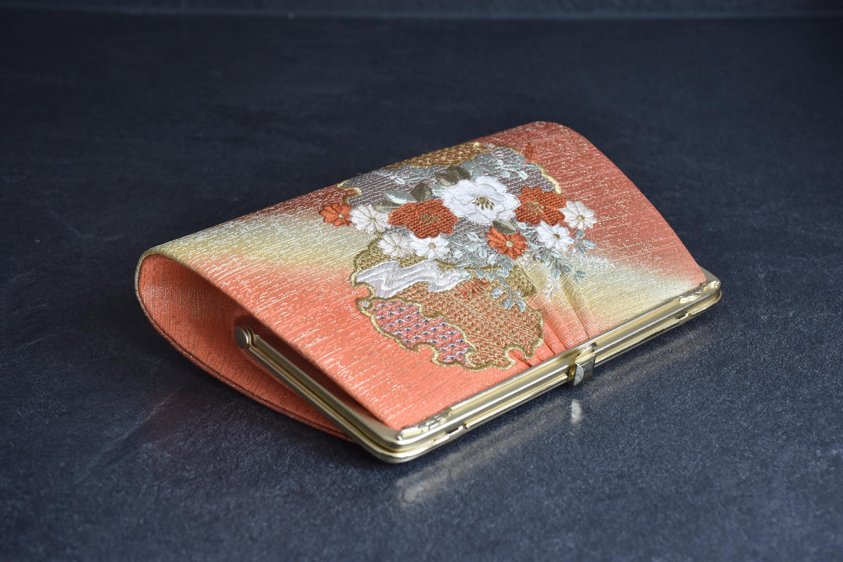Floral Woven Kimono Clutch With Ornate Metal Frame