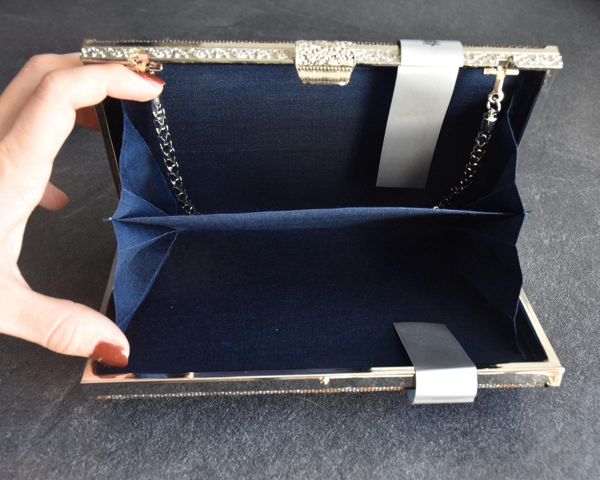Amami Oshima Tsumugi Silk Clutch Geometric Brown Grey open compartment