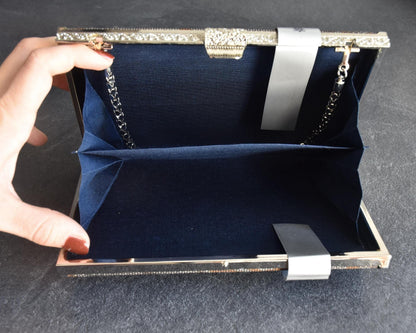 Amami Oshima Tsumugi Silk Clutch Geometric Brown Grey open compartment