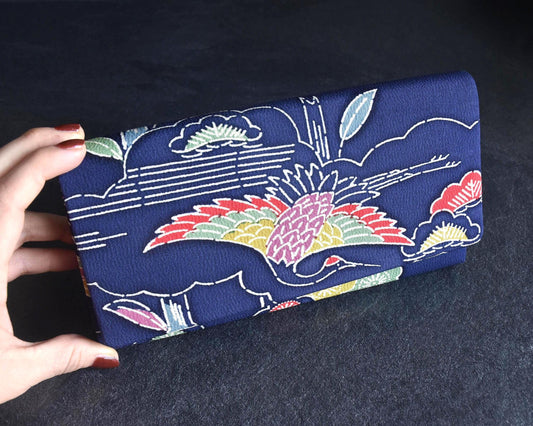 Navy Chirimen Kimono Clutch With Tsuru Crane Motif vintage Japanese crepe bag with flying crane design