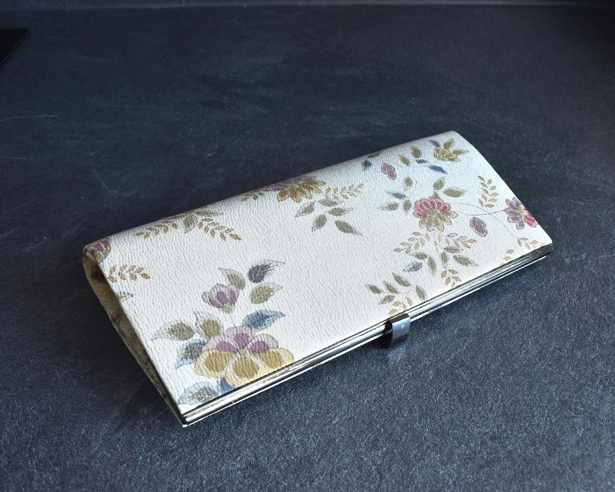 Chirimen Crepe Kimono Clutch Floral Pattern viewed from the front on a dark surface