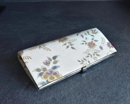 Chirimen Crepe Kimono Clutch Floral Pattern viewed from the front on a dark surface
