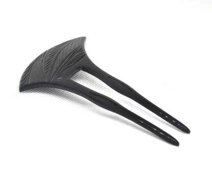 Bachi-Gata Kanzashi Fan-Shaped Hair Fork featuring detailed carved leaf patterns against a white background