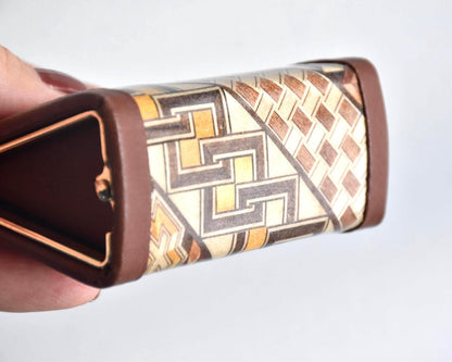 Yosegi Zaiku coin purse side view of wooden marquetry and brown trim