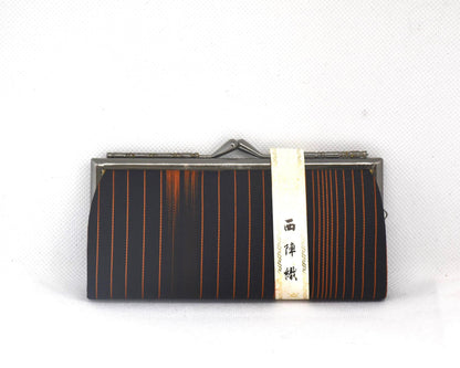 Nishijin-Ori Silk Gamaguchi Purse Black Copper Stripe front view with paper label