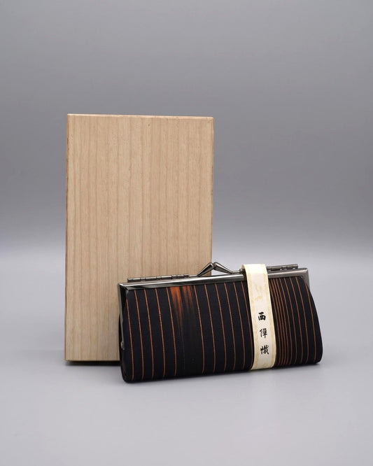 Nishijin-Ori Silk Gamaguchi Purse Black Copper Stripe coin purse with its wooden box