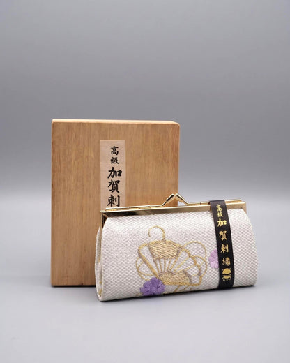 Kaga Embroidery Silk Clutch Purse With Silver Kiss-Lock and original wooden presentation box