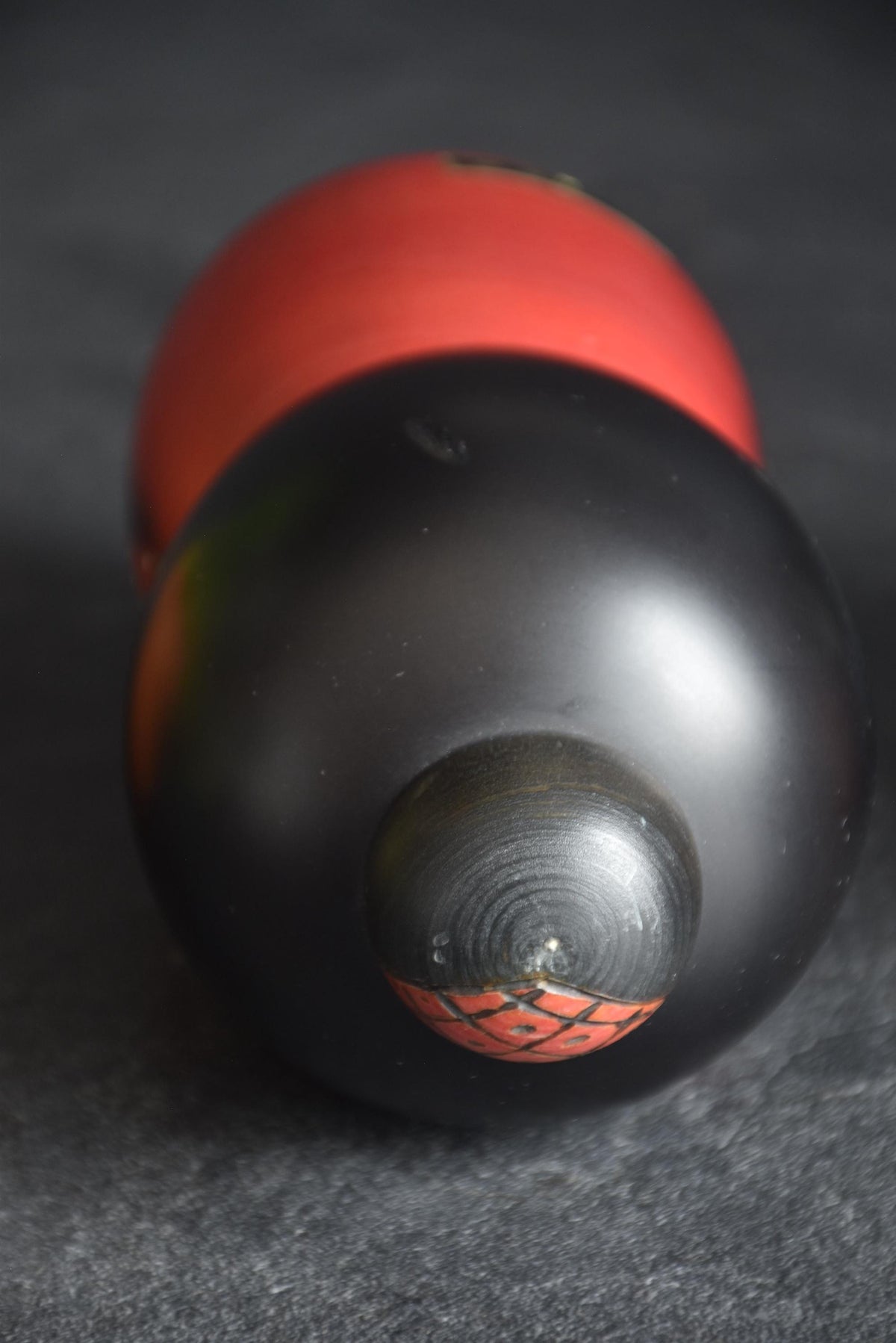 Masae Fujikawa kokeshi doll top-down angle view of the wooden head and bun
