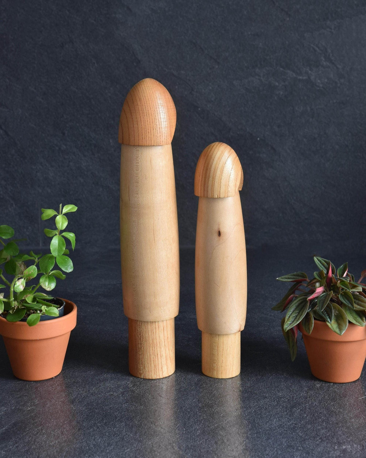 Shido Shozan kokeshi pair showing natural wood grain