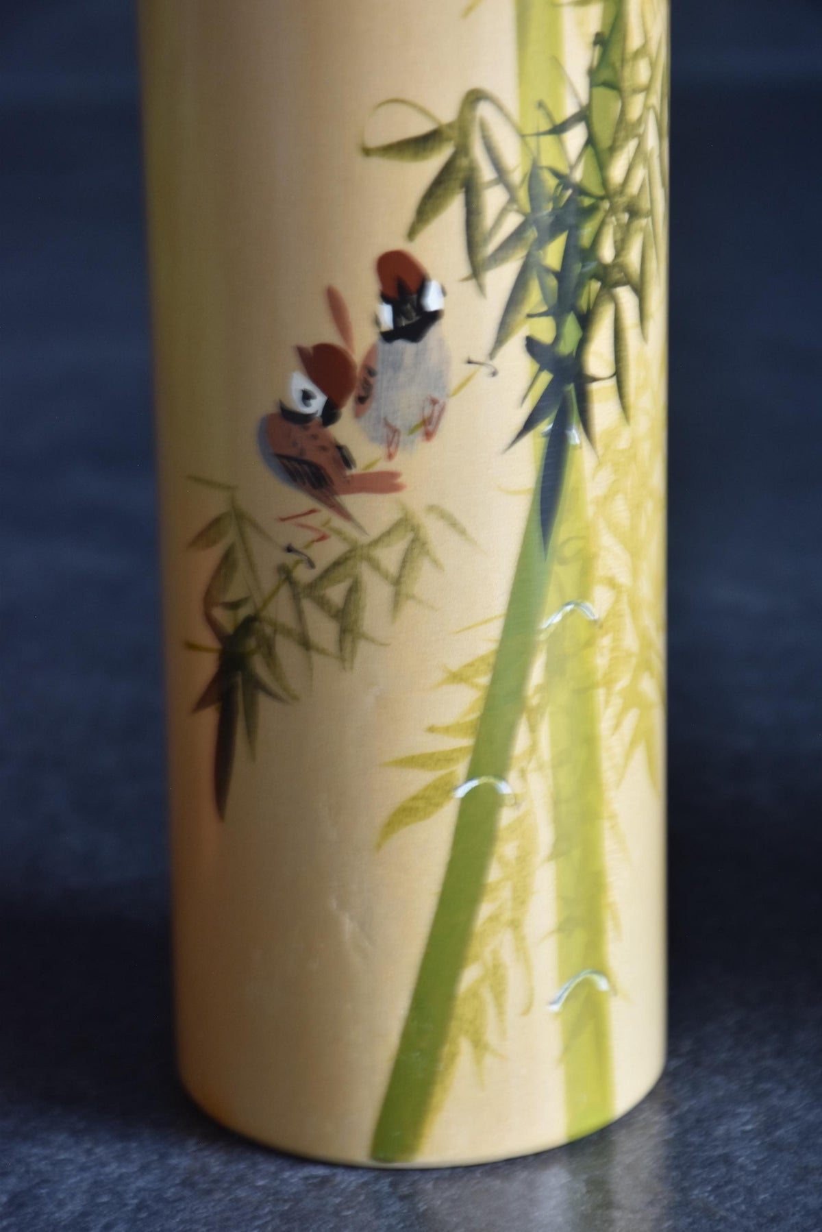 Japanese kokeshi dolls bamboo and floral motif lower body with hand-painted sparrows on bamboo