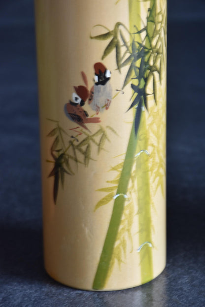 Japanese kokeshi dolls bamboo and floral motif lower body with hand-painted sparrows on bamboo