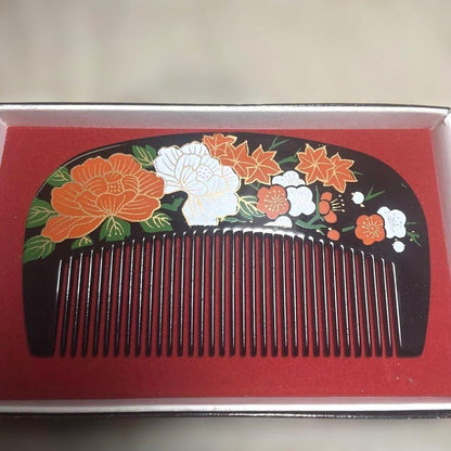 Japanese Black Lacquer Kushi Comb inside red velvet lining of original presentation box