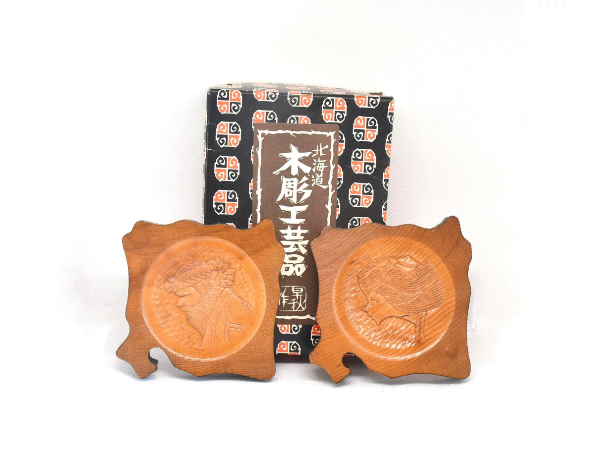 Ainu Hand-Carved Wooden Coaster Set Hokkaido Folk Art serving trays with original box