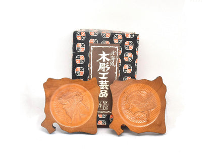 Ainu Hand-Carved Wooden Coaster Set Hokkaido Folk Art serving trays with original box