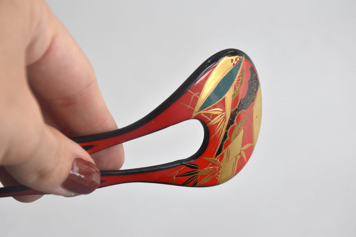 Red Lacquer Fan Kanzashi hair accessories, size next to a hand showing scale and proportions