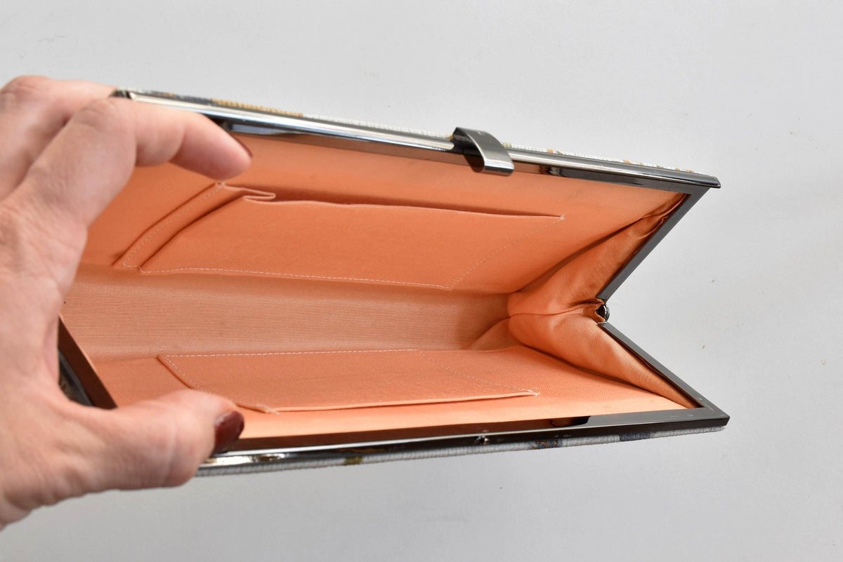 Chirimen Crepe Kimono Clutch Floral Pattern open inside view highlighting the dual slip pockets