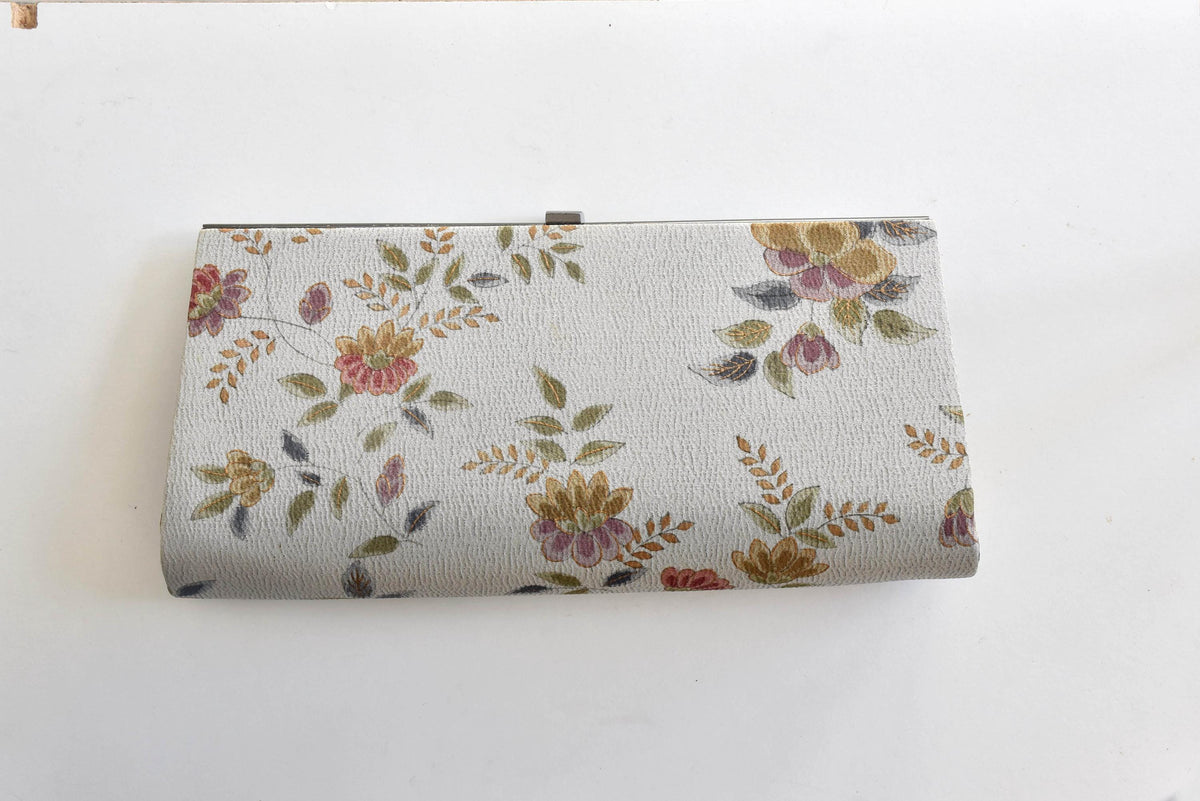 Chirimen Crepe Kimono Clutch Floral Pattern back view showing the floral fabric