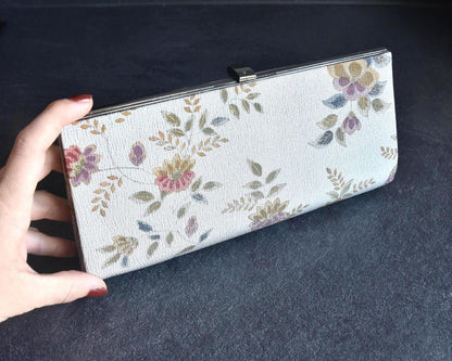 Chirimen Crepe Kimono Clutch Floral Pattern held in a hand showing its size and shape