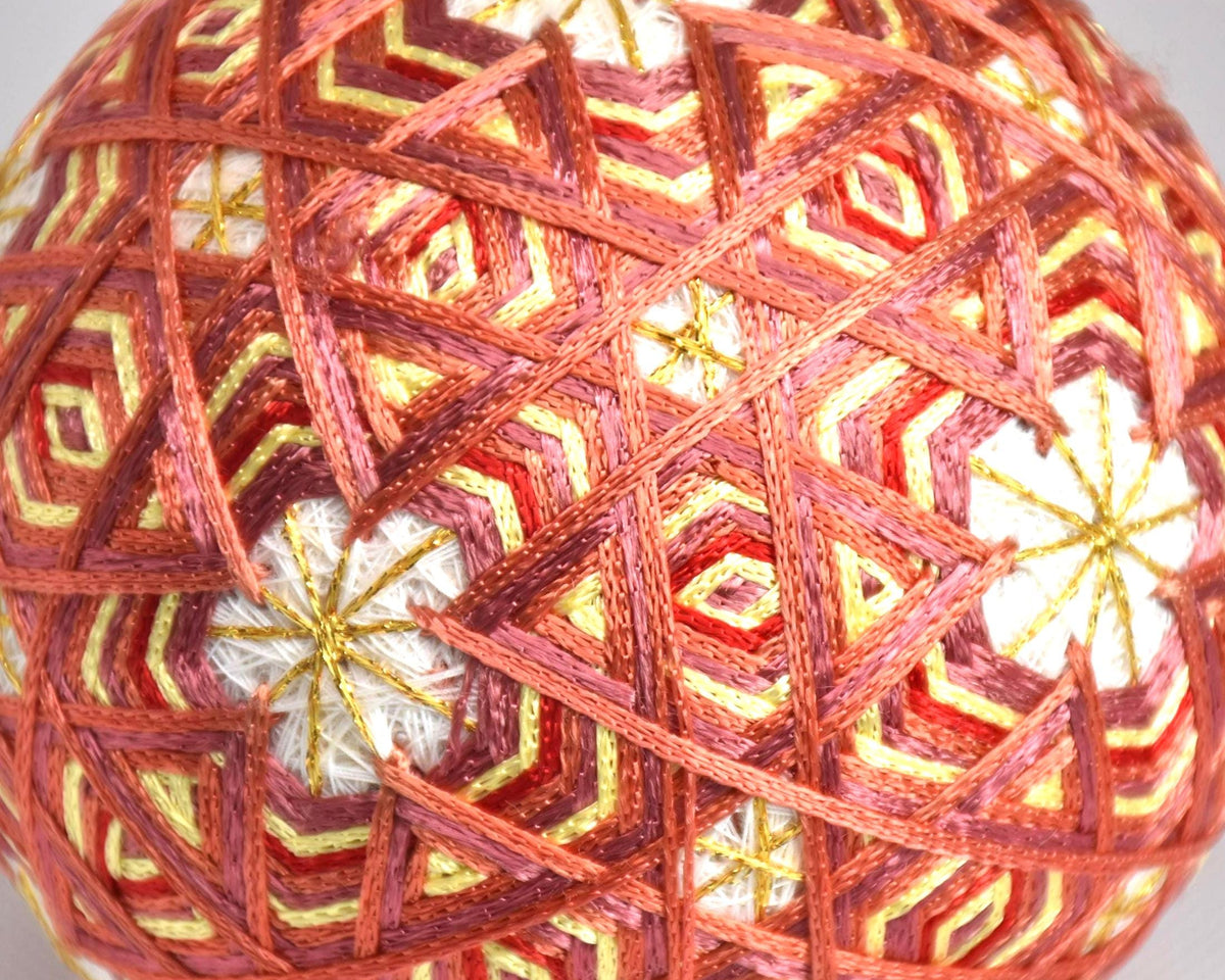 Hand-Embroidered Japanese Temari Ball Folk Art close up of the intricate geometric embroidery