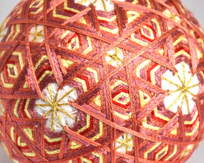 Hand-Embroidered Japanese Temari Ball Folk Art close up of the intricate geometric embroidery